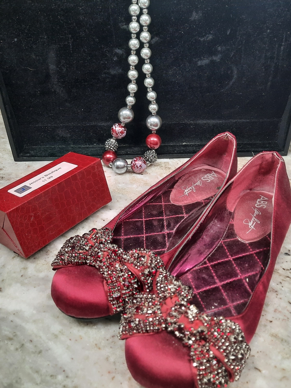 ABS Allen Schwartz Red Satin Jeweled Ballet Flats